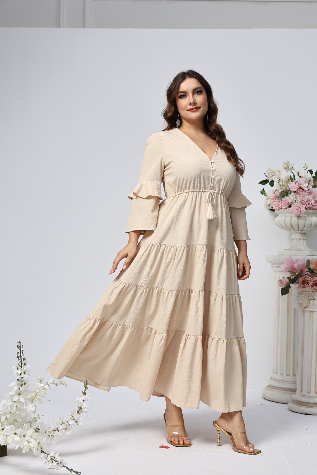 Plus Size Women Clothing Large Swing V neck Long Slim Fit Long Women Clothing Dress