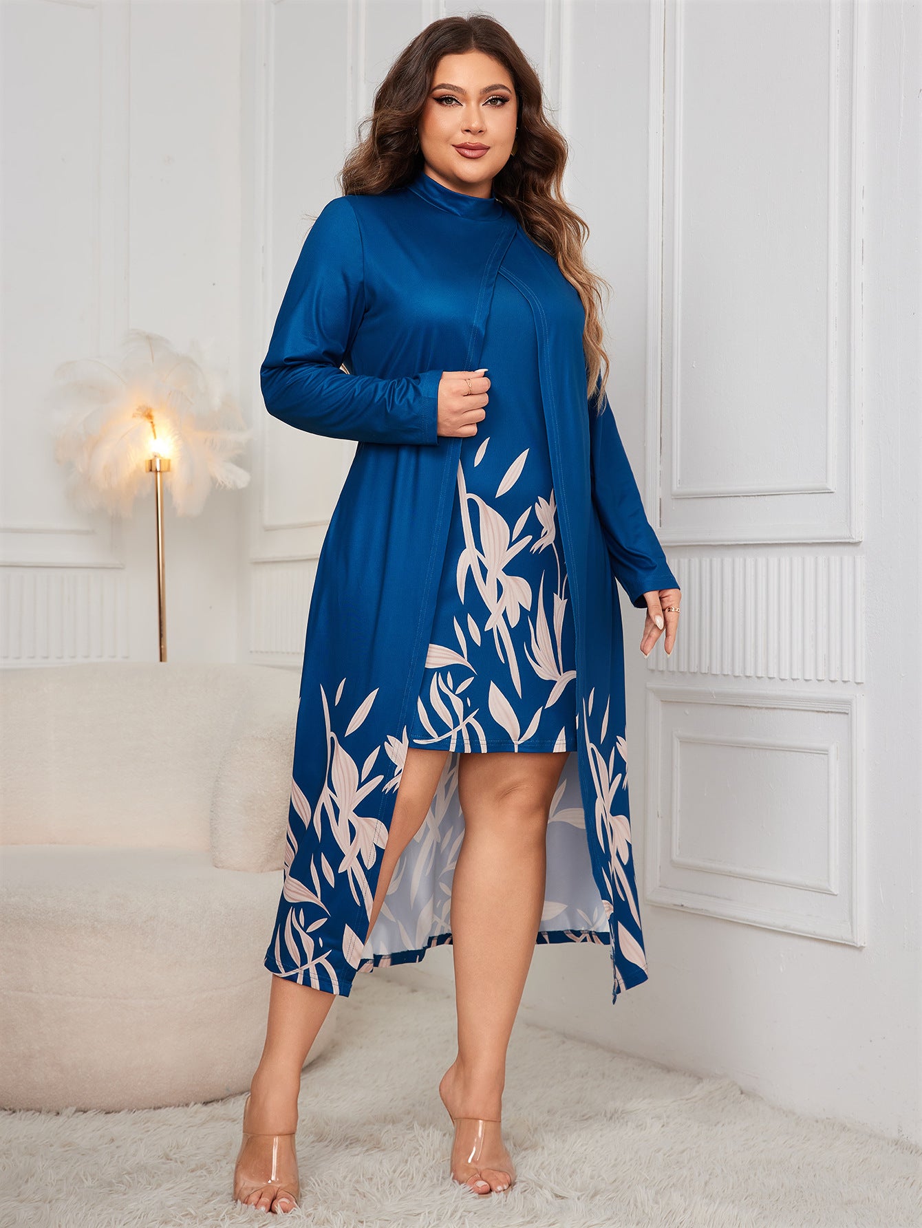 Plus Size Dress Faux Two Piece Turtleneck Long Sleeve Asymmetric Dress Women
