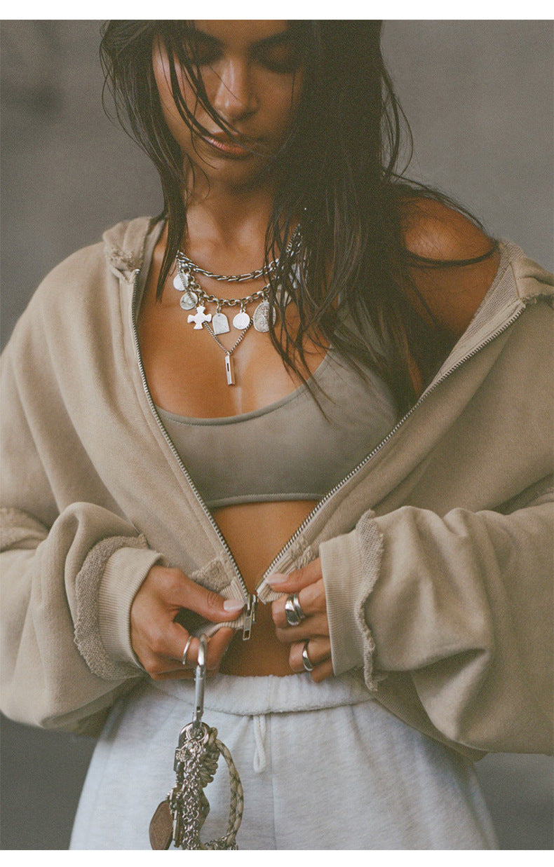 Jade - Sweat Court Grande Taille Capuche Effiloché