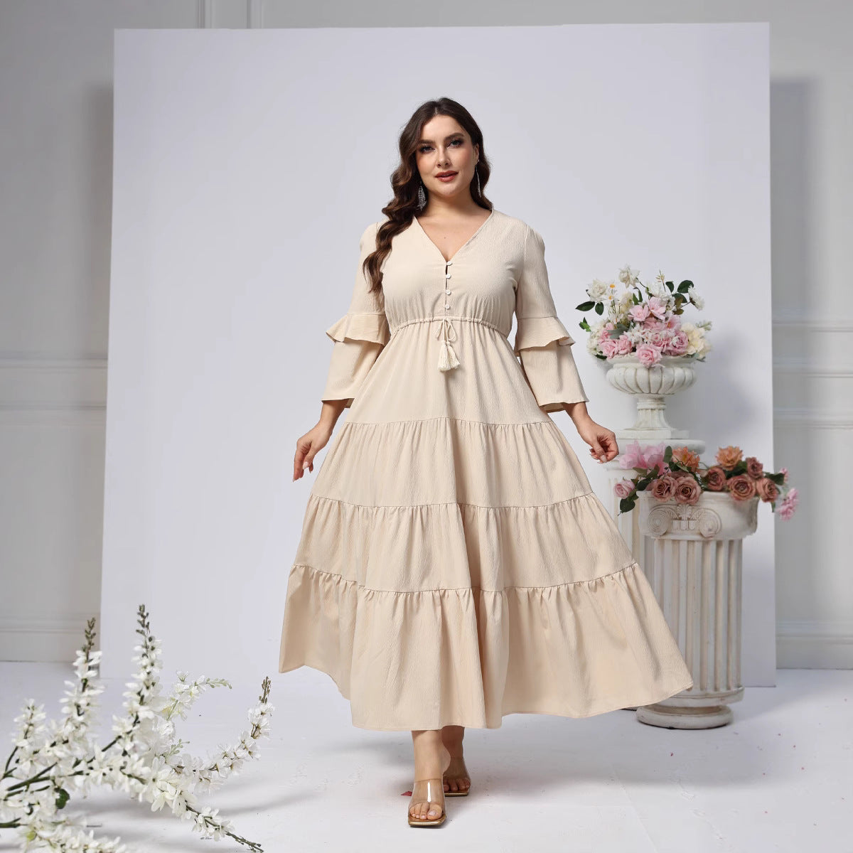 Plus Size Women Clothing Large Swing V neck Long Slim Fit Long Women Clothing Dress