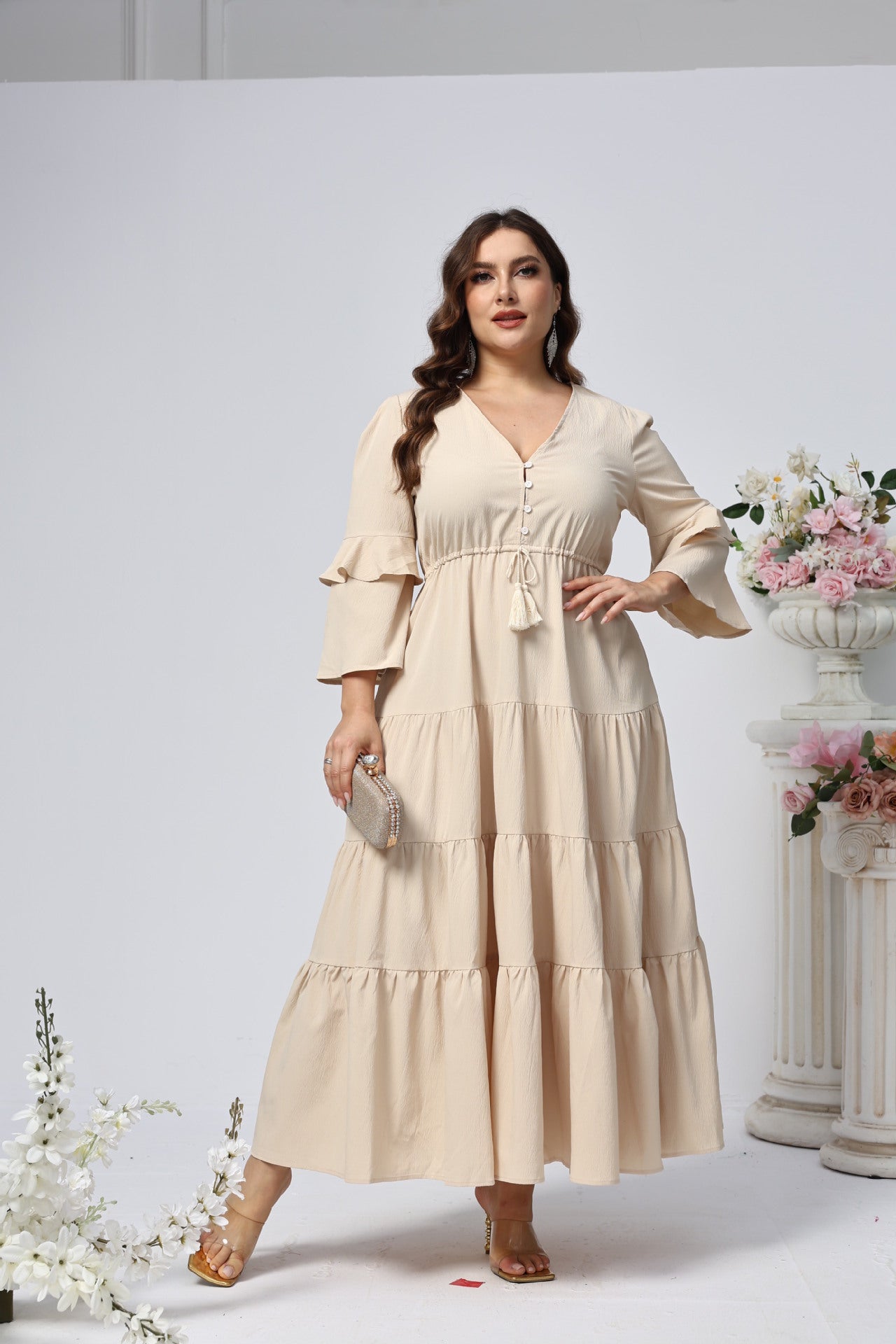 Plus Size Women Clothing Large Swing V neck Long Slim Fit Long Women Clothing Dress