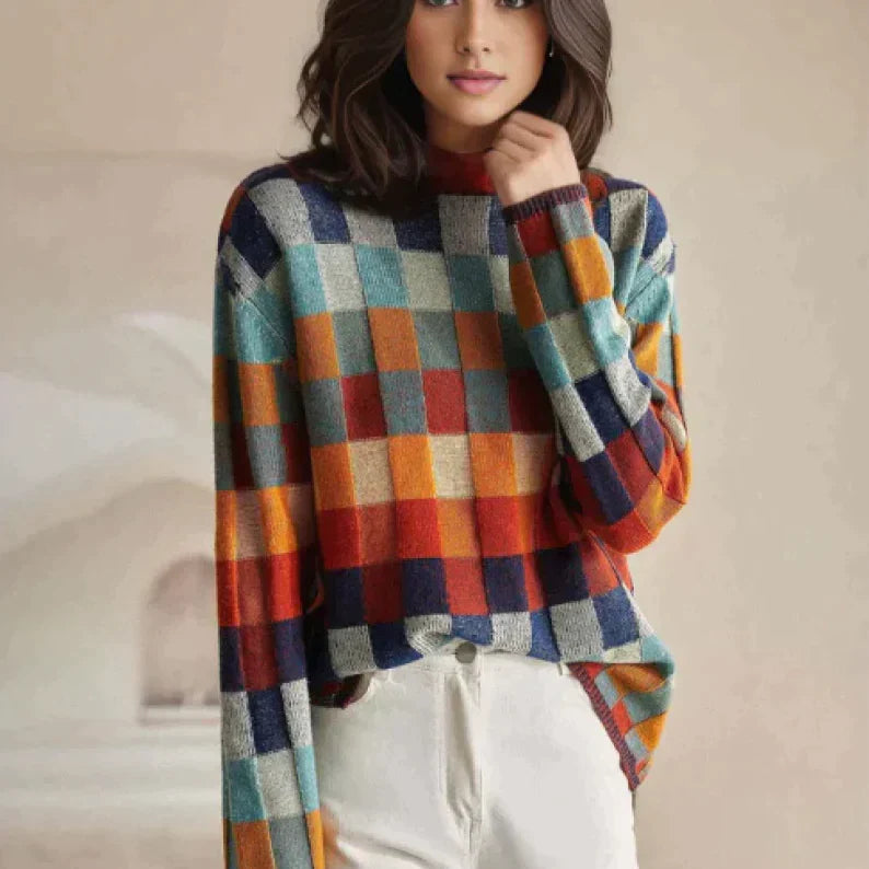 MATHILDA - Pull Col Haut Motif Damier Grande Taille