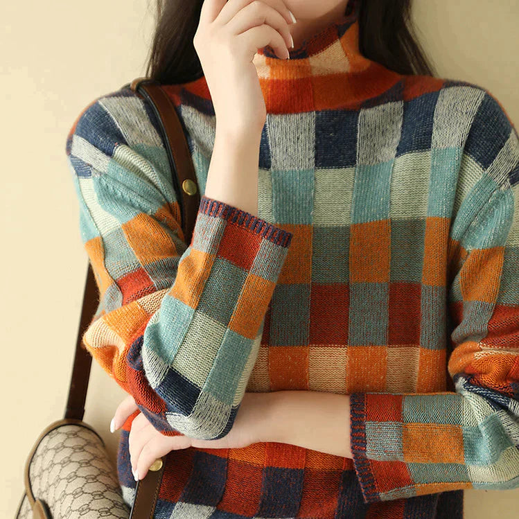 MATHILDA - Pull Col Haut Motif Damier Grande Taille