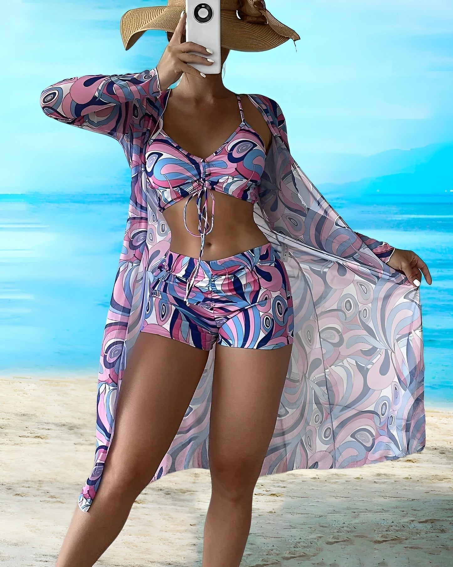 AVA - Ensemble Bikini Trois Pièces Fleuri Grande Taille Découvrez notre ensemble bikini AVA, une création mode grande taille qui marie motifs floraux et élégance française balnéaire. Cet ensemble trois pièces grande taille offre une silhouette complète et