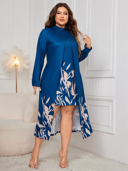 Plus Size Dress Faux Two Piece Turtleneck Long Sleeve Asymmetric Dress Women