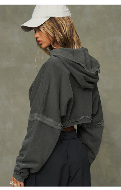 Jade - Sweat Court Grande Taille Capuche Effiloché