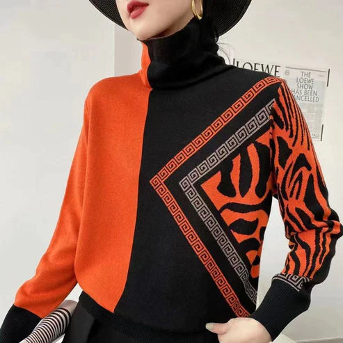 LEONOR - Pull Col Roulé Imprimé Élégant Grande Taille Découvrez notre pull LEONOR, une création mode grande taille qui allie motifs raffinés et élégance française. Ce pull col roulé grande taille offre une silhouette sophistiquée et moderne, créé pour les