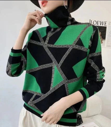 LEONOR - Pull Col Roulé Imprimé Élégant Grande Taille Découvrez notre pull LEONOR, une création mode grande taille qui allie motifs raffinés et élégance française. Ce pull col roulé grande taille offre une silhouette sophistiquée et moderne, créé pour les