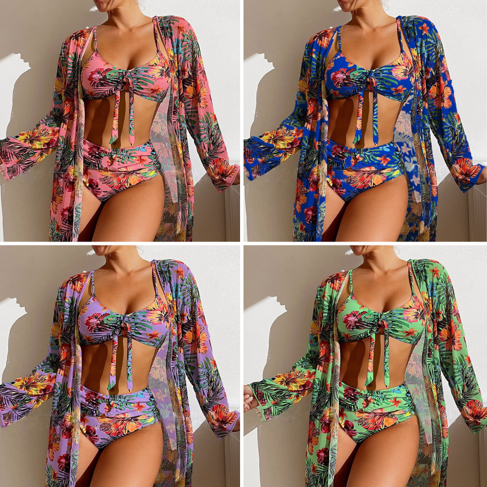 Jalina - Set de bikini stylé pour l'été '23 Cet ensemble de bikini 3 pièces pour femmes est fabriqué dans un matériau stretch quadridirectionnel léger et à séchage rapide. Nos maillots de bain sont amovibles, rembourrés et entièrement doublés. Ils offrent